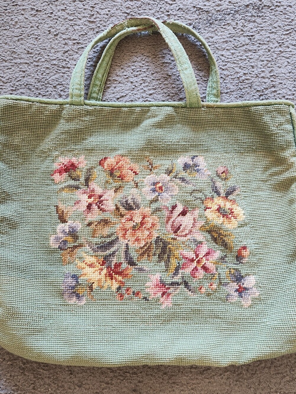 HANDMADE Needlepoint Handbag Green Upcycle Repurpose Cotton Wool Vintage Floral